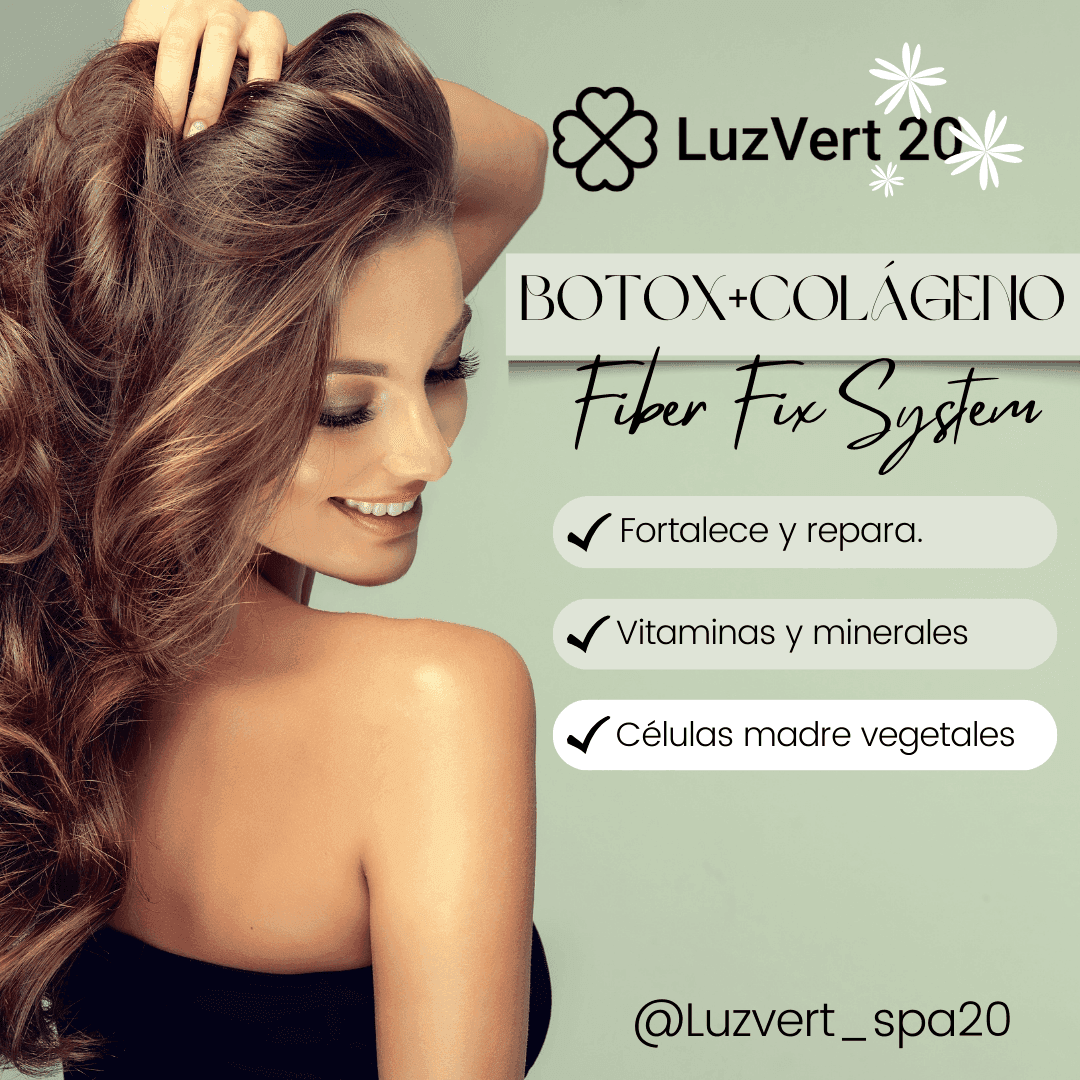 Smiling woman with long hair next to Botox+Collagen Fiber Fix System benefits list.