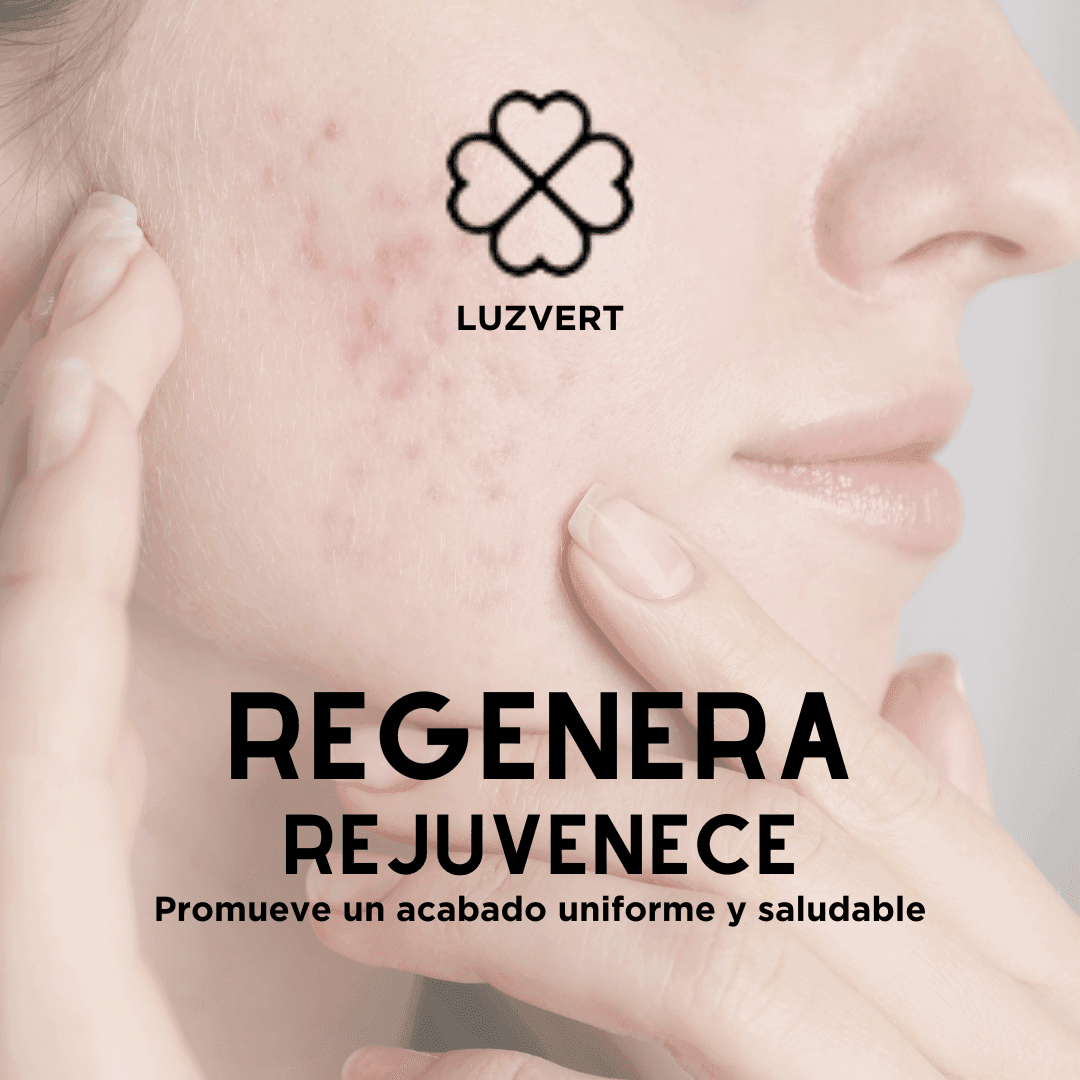 Close-up of a person's face with acne and promotional text for skin regeneration.