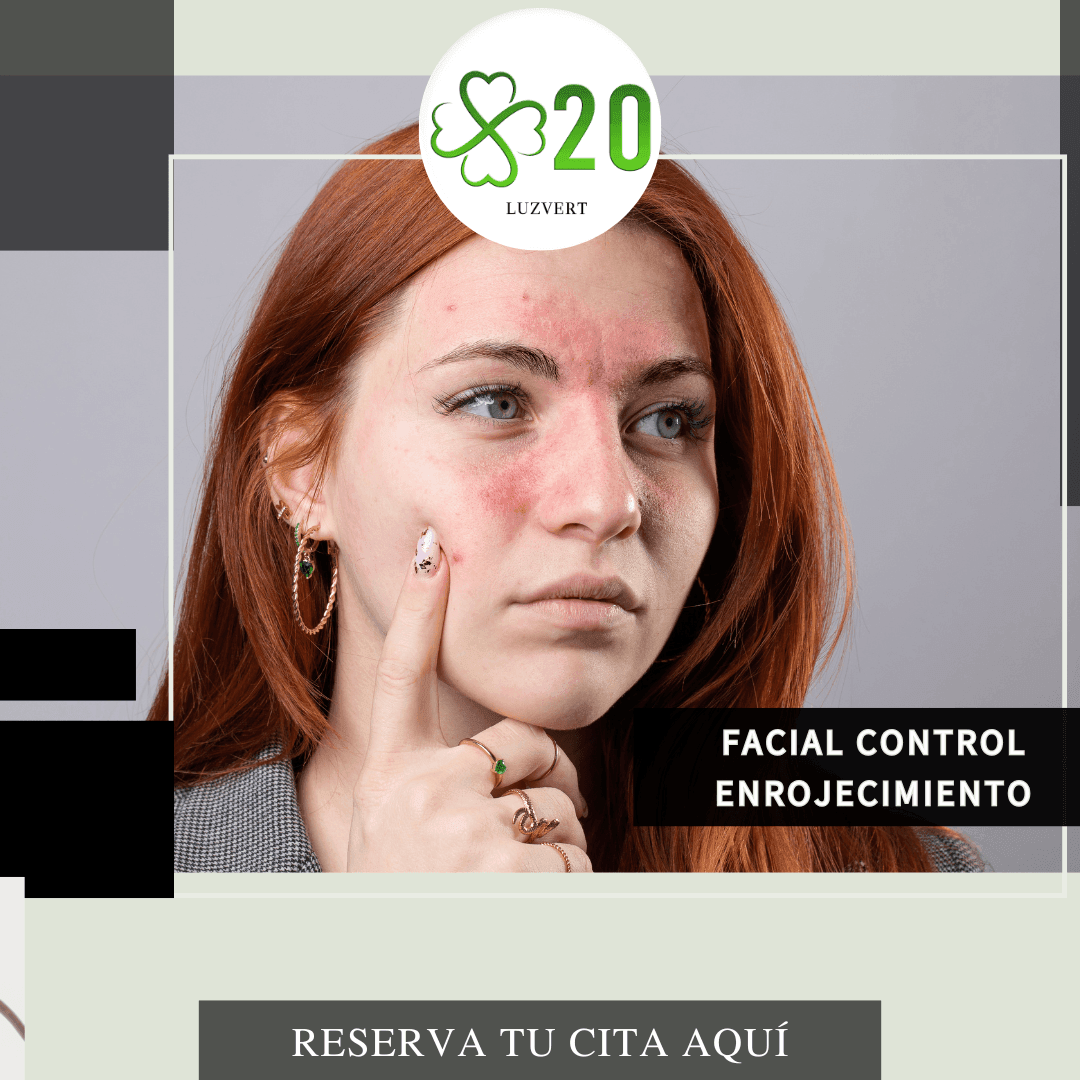 Person with facial redness touching cheek, text promoting facial redness control.